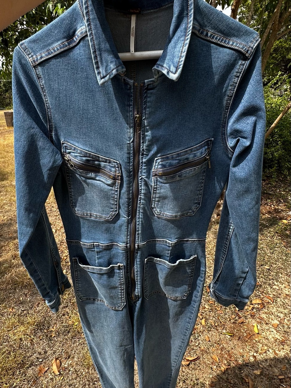 Free People Blue Denim Utility Jumpsuit Jacket